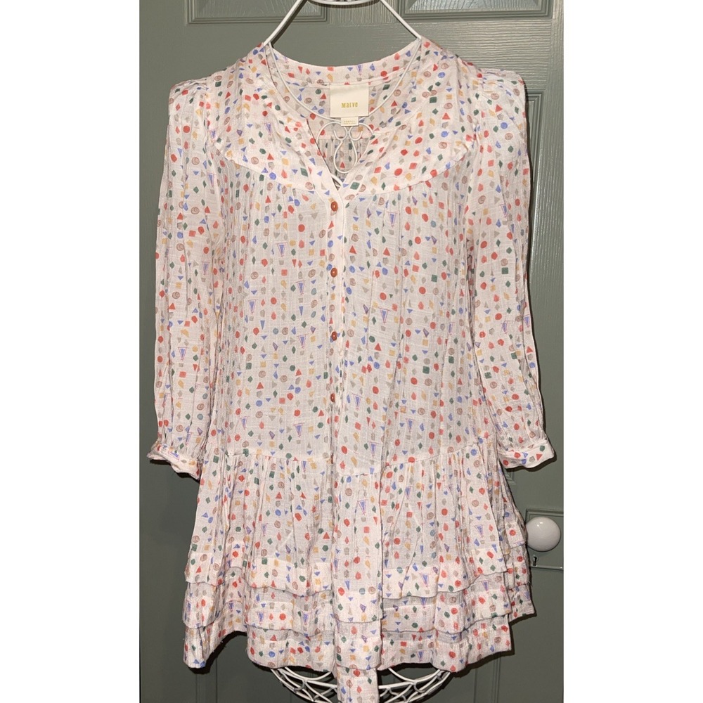 Anthropologie MAEVE, Paccia Tunic, 3/4 Sleeves, Ivory/Geometric Print, Sz XS